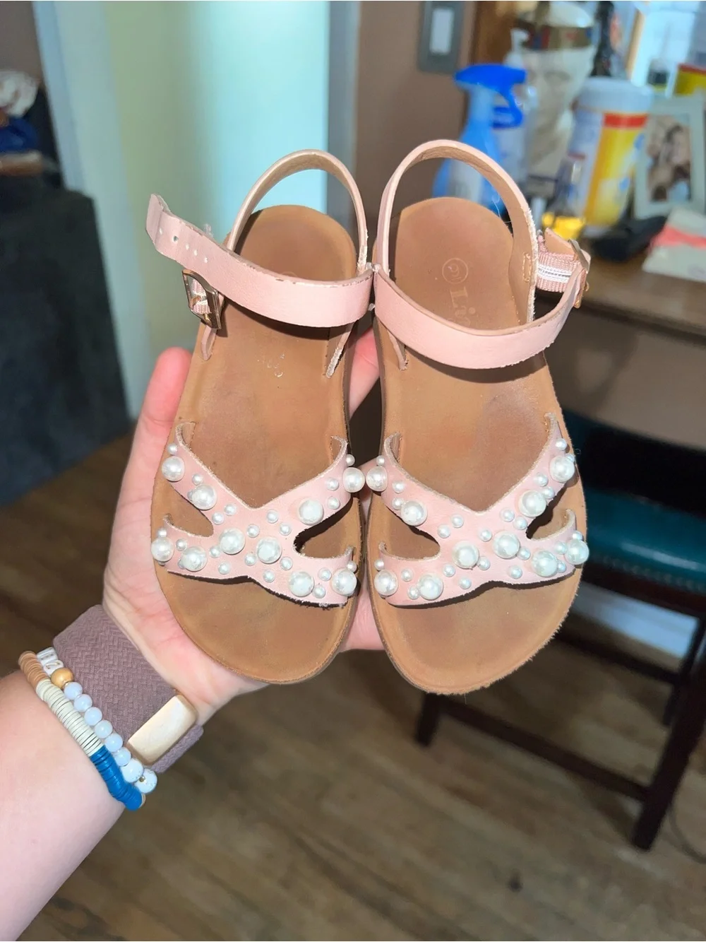Girls Pink Pearl-Accent Sandals